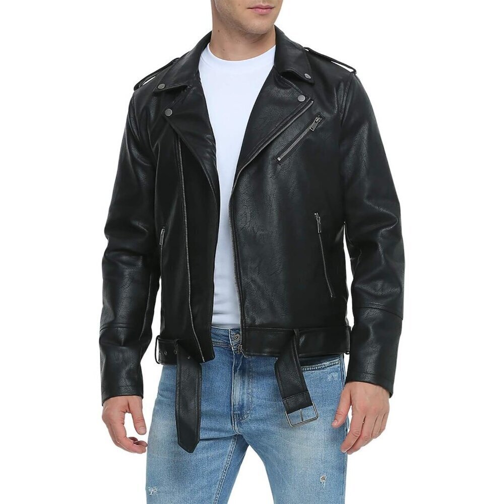 🆕Men Black Faux Leather Biker Jacket Slim Fit Motorcycle Bomber Zip Up Coat